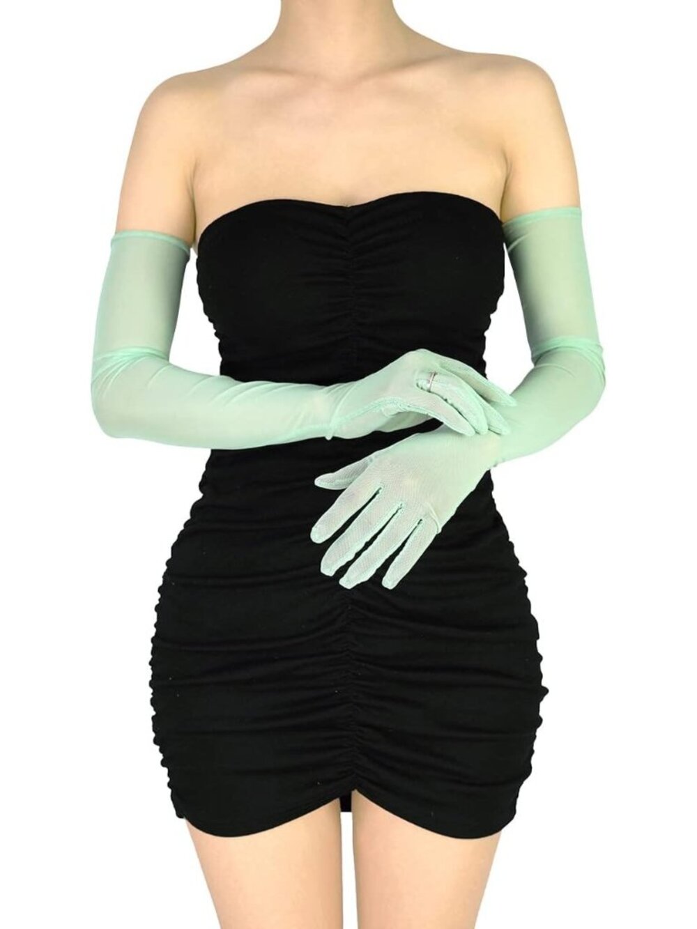 Womens Sage Green 1920s Stretchy Elbow Length Long Sheer Mesh Tulle Opera Gloves